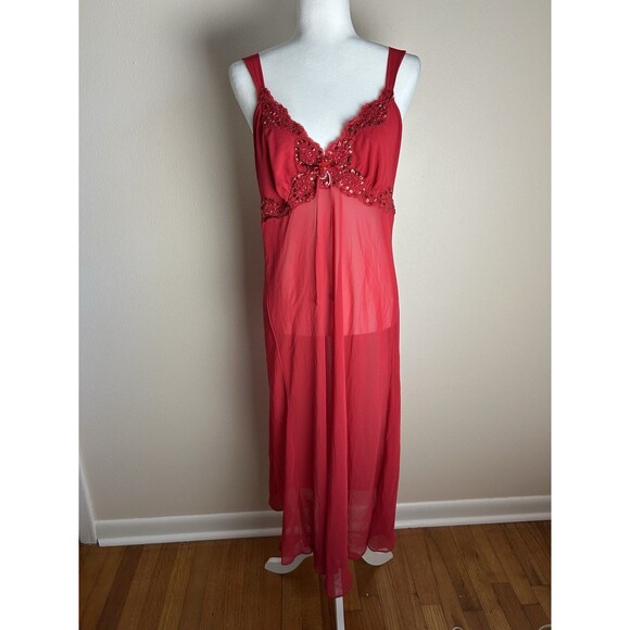 Vintage Lucie Ann From Beverly Hills Red Nightgown Slip Beaded Embroidered Maxi - Picture 1 of 4
